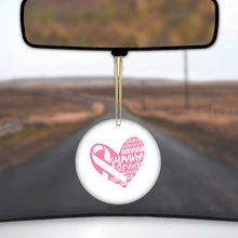 DistinctInk® Hanging Ceramic Christmas Tree Ornament with Gold String - Great Gift / Present - 2 3/4 inch Diameter - Pink Ribbon Cancer - Survivor Heart