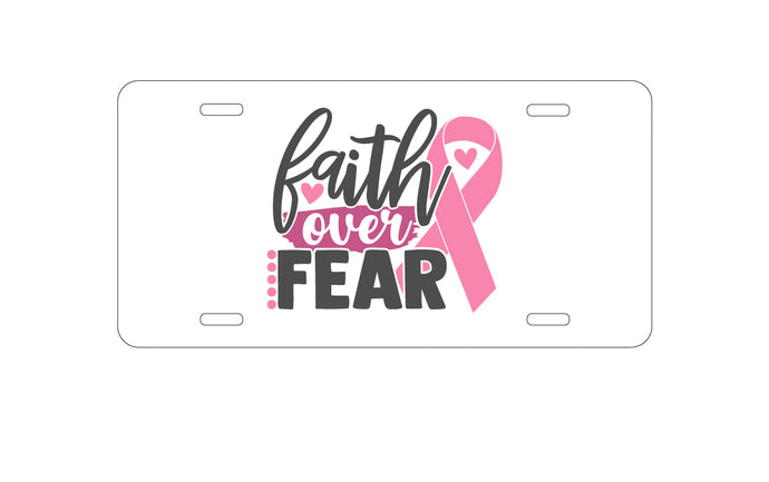 DistinctInk Custom Aluminum Decorative Vanity Front License Plate - Pink Ribbon Cancer - Faith Over Fear