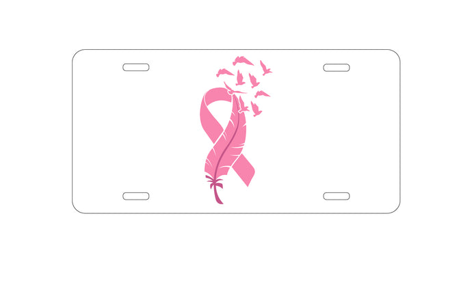 DistinctInk Custom Aluminum Decorative Vanity Front License Plate - Pink Ribbon Cancer - Feather Birds