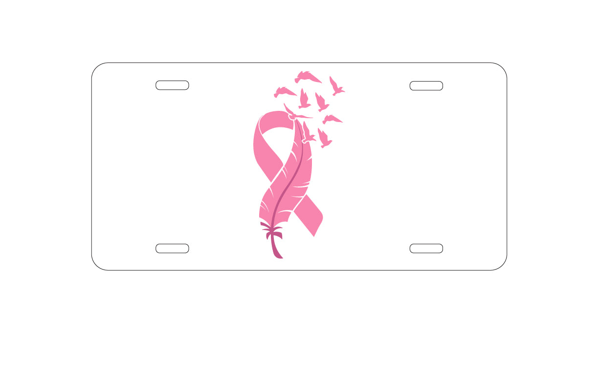 DistinctInk Custom Aluminum Decorative Vanity Front License Plate - Pink Ribbon Cancer - Feather Birds