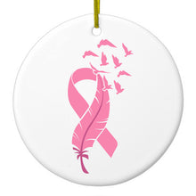 DistinctInk® Hanging Ceramic Christmas Tree Ornament with Gold String - Great Gift / Present - 2 3/4 inch Diameter - Pink Ribbon Cancer - Feather Birds