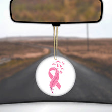 DistinctInk® Hanging Ceramic Christmas Tree Ornament with Gold String - Great Gift / Present - 2 3/4 inch Diameter - Pink Ribbon Cancer - Feather Birds