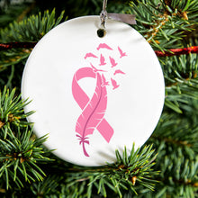 DistinctInk® Hanging Ceramic Christmas Tree Ornament with Gold String - Great Gift / Present - 2 3/4 inch Diameter - Pink Ribbon Cancer - Feather Birds