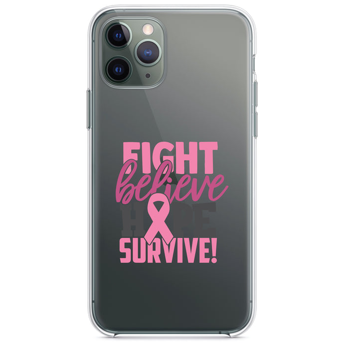 DistinctInk® Clear Shockproof Hybrid Case for Apple iPhone / Samsung Galaxy / Google Pixel - Pink Ribbon Cancer - Fight Believe Hope Survive