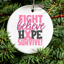 DistinctInk® Hanging Ceramic Christmas Tree Ornament with Gold String - Great Gift / Present - 2 3/4 inch Diameter - Pink Ribbon Cancer - Fight Believe Hope Survive
