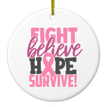 DistinctInk® Hanging Ceramic Christmas Tree Ornament with Gold String - Great Gift / Present - 2 3/4 inch Diameter - Pink Ribbon Cancer - Fight Believe Hope Survive