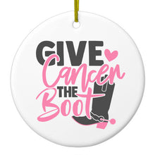 DistinctInk® Hanging Ceramic Christmas Tree Ornament with Gold String - Great Gift / Present - 2 3/4 inch Diameter - Give Cancer the Boot - Cowboy Spurs