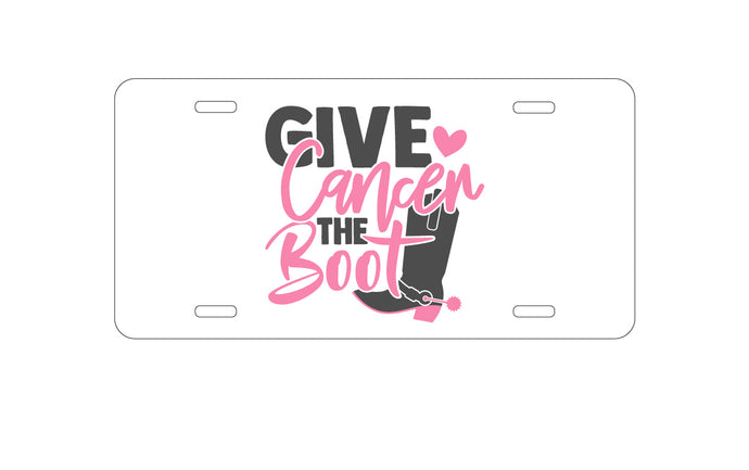 DistinctInk Custom Aluminum Decorative Vanity Front License Plate - Give Cancer the Boot - Cowboy Spurs