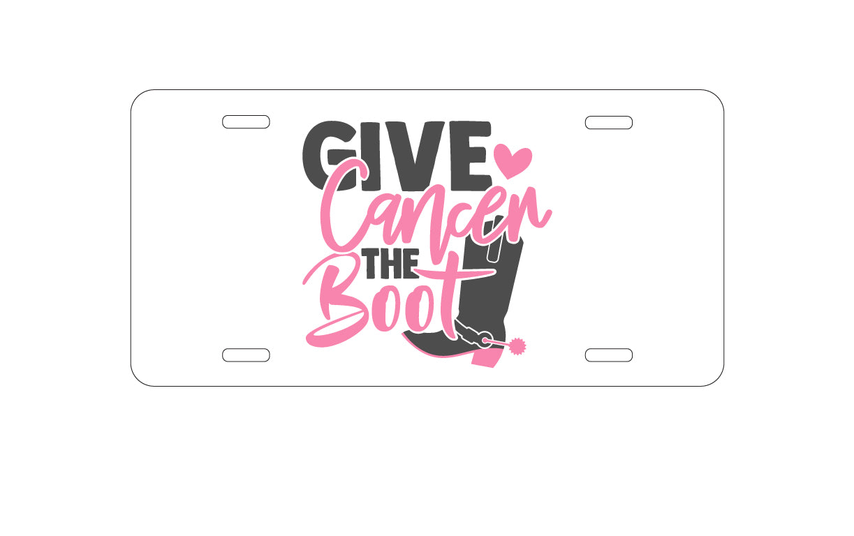 DistinctInk Custom Aluminum Decorative Vanity Front License Plate - Give Cancer the Boot - Cowboy Spurs