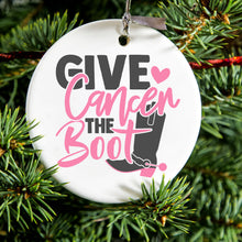 DistinctInk® Hanging Ceramic Christmas Tree Ornament with Gold String - Great Gift / Present - 2 3/4 inch Diameter - Give Cancer the Boot - Cowboy Spurs