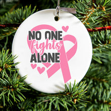 DistinctInk® Hanging Ceramic Christmas Tree Ornament with Gold String - Great Gift / Present - 2 3/4 inch Diameter - Pink Ribbon Cancer - No One Fights Alone