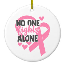 DistinctInk® Hanging Ceramic Christmas Tree Ornament with Gold String - Great Gift / Present - 2 3/4 inch Diameter - Pink Ribbon Cancer - No One Fights Alone