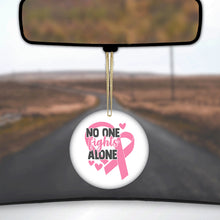 DistinctInk® Hanging Ceramic Christmas Tree Ornament with Gold String - Great Gift / Present - 2 3/4 inch Diameter - Pink Ribbon Cancer - No One Fights Alone