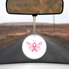 DistinctInk® Hanging Ceramic Christmas Tree Ornament with Gold String - Great Gift / Present - 2 3/4 inch Diameter - Pink Ribbon Cancer - Butterfly