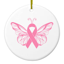 DistinctInk® Hanging Ceramic Christmas Tree Ornament with Gold String - Great Gift / Present - 2 3/4 inch Diameter - Pink Ribbon Cancer - Butterfly