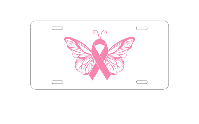 DistinctInk Custom Aluminum Decorative Vanity Front License Plate - Pink Ribbon Cancer - Butterfly