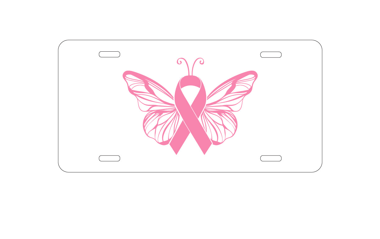 DistinctInk Custom Aluminum Decorative Vanity Front License Plate - Pink Ribbon Cancer - Butterfly