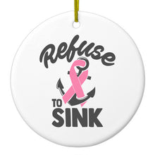 DistinctInk® Hanging Ceramic Christmas Tree Ornament with Gold String - Great Gift / Present - 2 3/4 inch Diameter - Pink Ribbon Cancer - Refuse to Sink Anchor