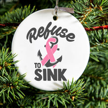 DistinctInk® Hanging Ceramic Christmas Tree Ornament with Gold String - Great Gift / Present - 2 3/4 inch Diameter - Pink Ribbon Cancer - Refuse to Sink Anchor