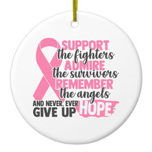 DistinctInk® Hanging Ceramic Christmas Tree Ornament with Gold String - Great Gift / Present - 2 3/4 inch Diameter - Pink Ribbon Cancer - Support Admire Remember