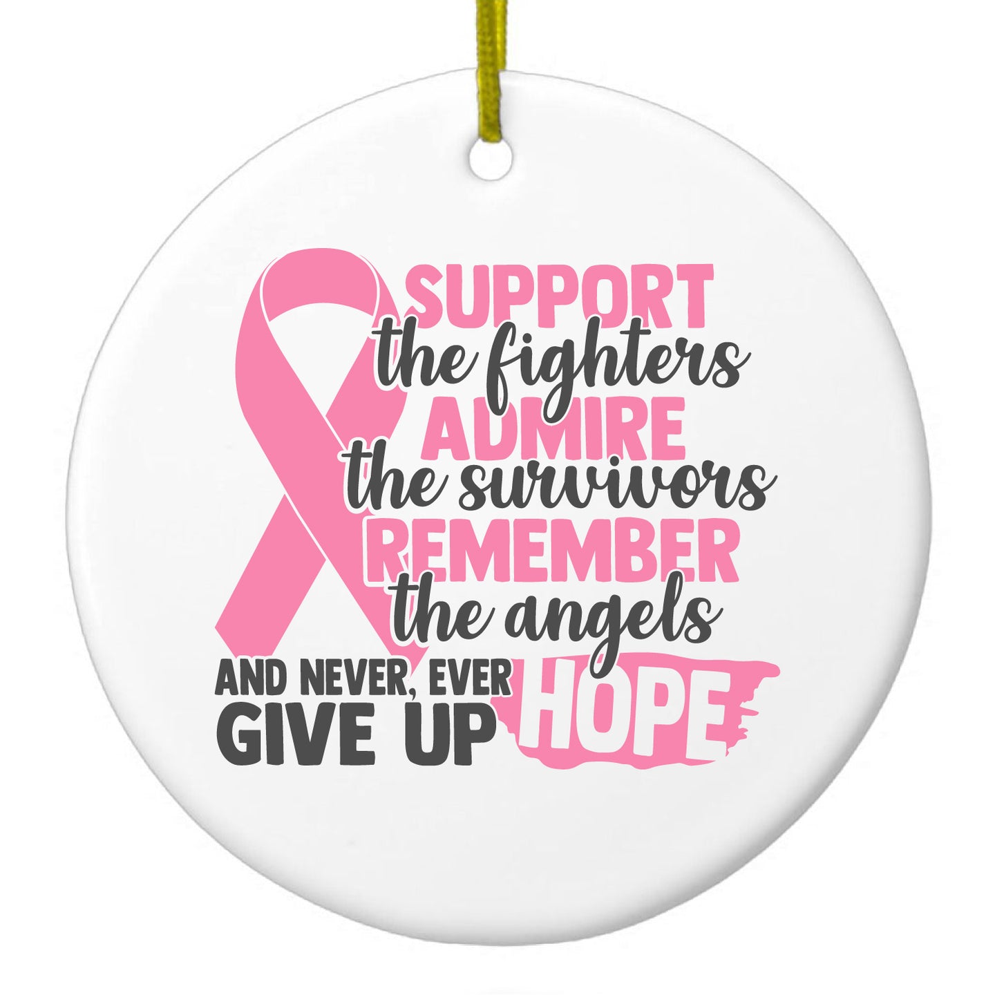 DistinctInk® Hanging Ceramic Christmas Tree Ornament with Gold String - Great Gift / Present - 2 3/4 inch Diameter - Pink Ribbon Cancer - Support Admire Remember