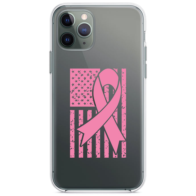 DistinctInk® Clear Shockproof Hybrid Case for Apple iPhone / Samsung Galaxy / Google Pixel - Pink Ribbon Cancer - USA Flag