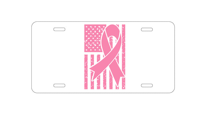 DistinctInk Custom Aluminum Decorative Vanity Front License Plate - Pink Ribbon Cancer - USA Flag