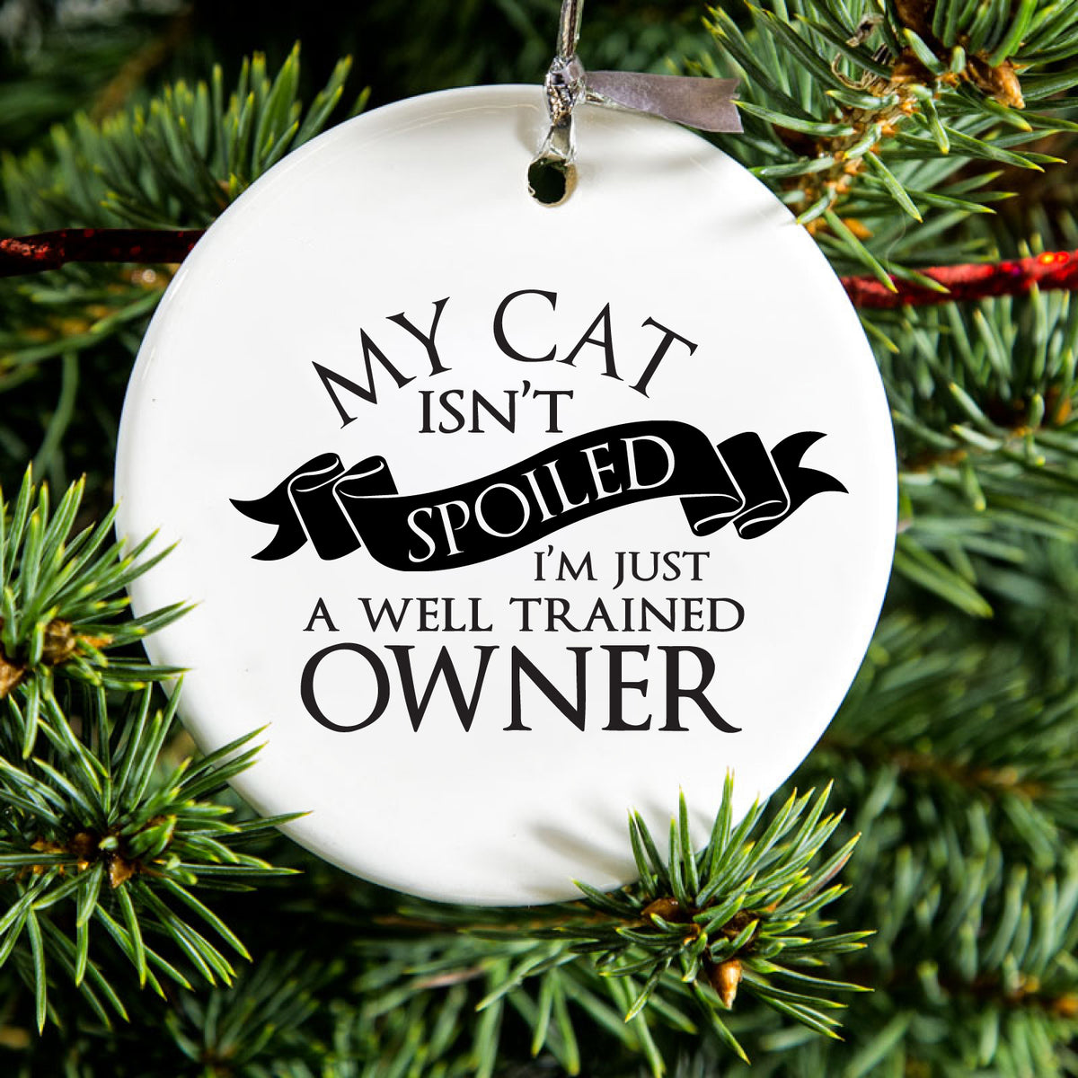 Cat Isn't Spoiled Well Trained Owner Ceramic Ornament, view 2