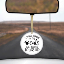 DistinctInk® Hanging Ceramic Christmas Tree Ornament with Gold String - Great Gift / Present - 2 3/4 inch Diameter - I Work Hard So My Cats Can Have a Better Life