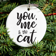 DistinctInk® Hanging Ceramic Christmas Tree Ornament with Gold String - Great Gift / Present - 2 3/4 inch Diameter - You, Me & the Cat