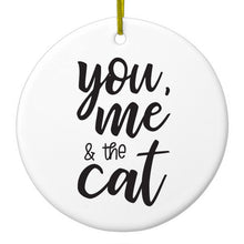 DistinctInk® Hanging Ceramic Christmas Tree Ornament with Gold String - Great Gift / Present - 2 3/4 inch Diameter - You, Me & the Cat