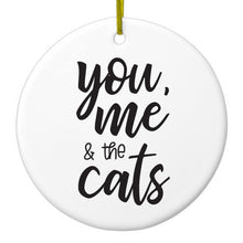 DistinctInk® Hanging Ceramic Christmas Tree Ornament with Gold String - Great Gift / Present - 2 3/4 inch Diameter - You, Me & the Cats