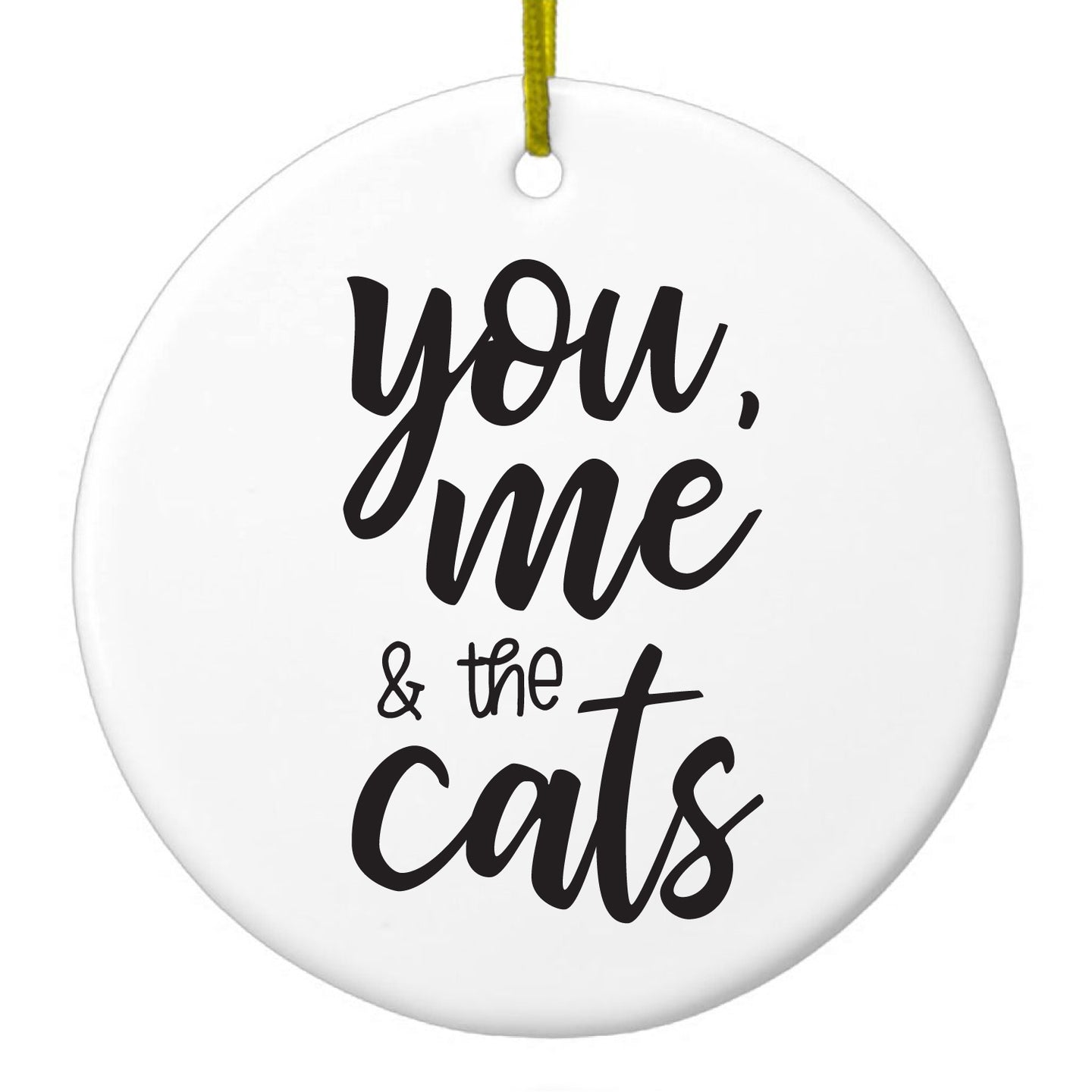 DistinctInk® Hanging Ceramic Christmas Tree Ornament with Gold String - Great Gift / Present - 2 3/4 inch Diameter - You, Me & the Cats