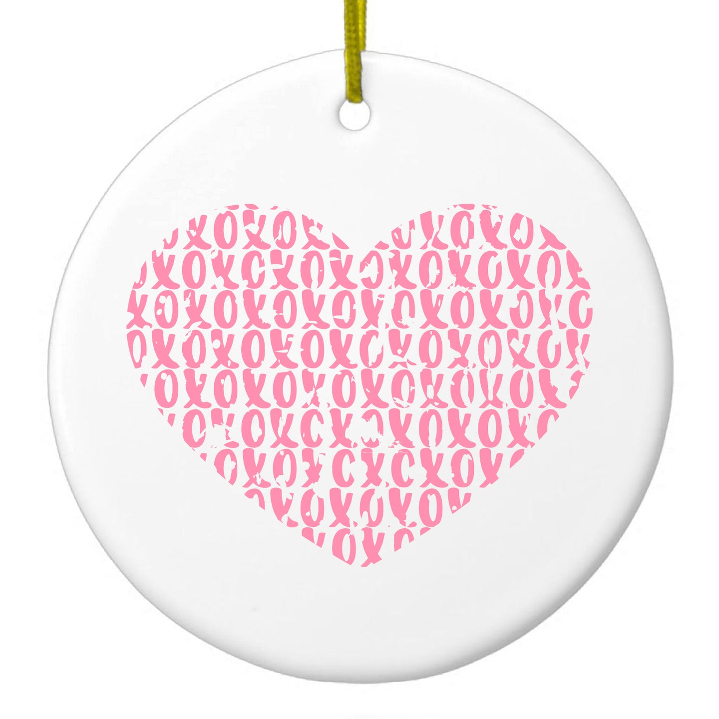 DistinctInk® Hanging Ceramic Christmas Tree Ornament with Gold String - Great Gift / Present - 2 3/4 inch Diameter - XOXO Heart Pink