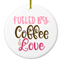 DistinctInk® Hanging Ceramic Christmas Tree Ornament with Gold String - Great Gift / Present - 2 3/4 inch Diameter - Fueled By Coffee & Love