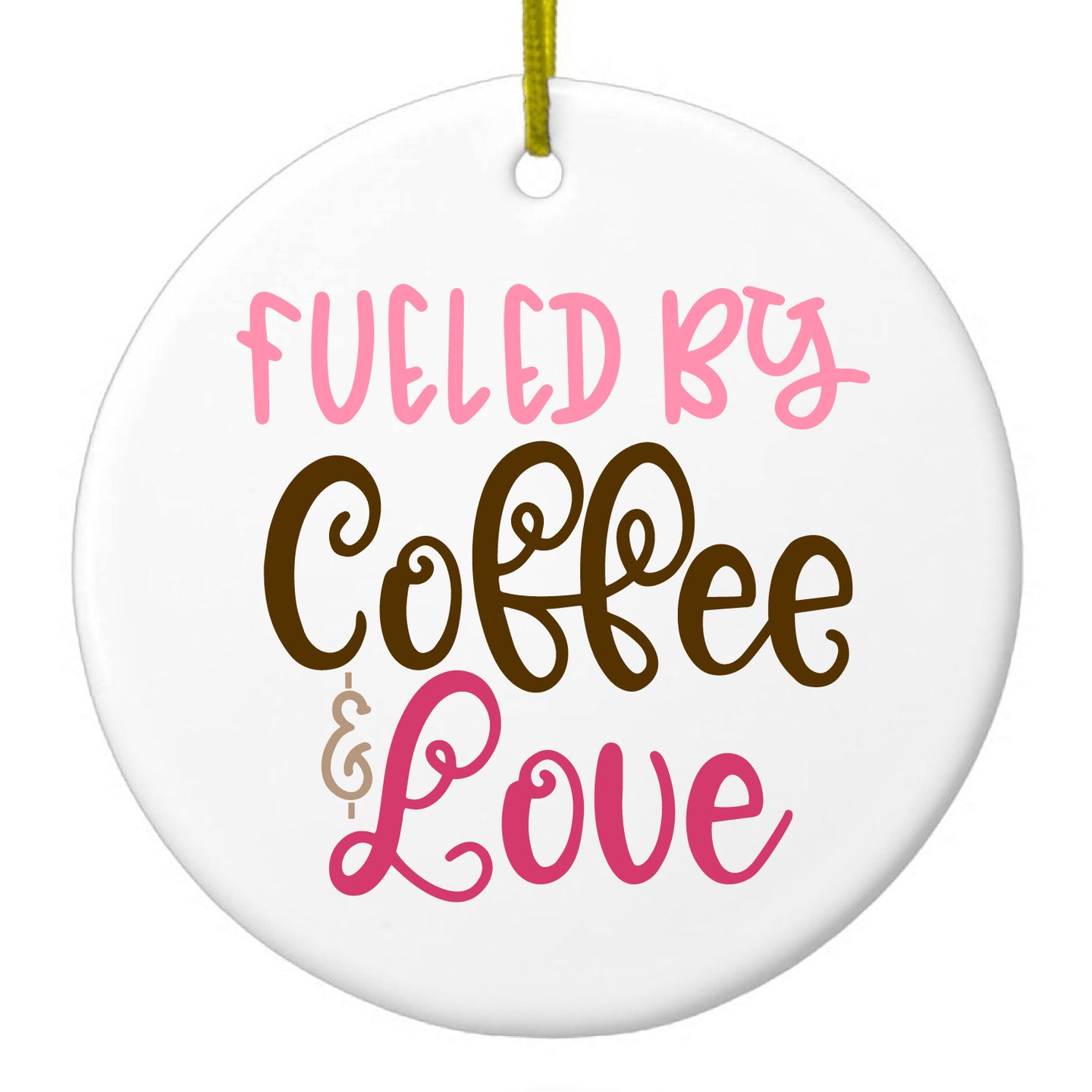 DistinctInk® Hanging Ceramic Christmas Tree Ornament with Gold String - Great Gift / Present - 2 3/4 inch Diameter - Fueled By Coffee & Love