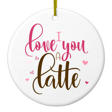 DistinctInk® Hanging Ceramic Christmas Tree Ornament with Gold String - Great Gift / Present - 2 3/4 inch Diameter - I Love You A Latte