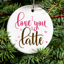 DistinctInk® Hanging Ceramic Christmas Tree Ornament with Gold String - Great Gift / Present - 2 3/4 inch Diameter - I Love You A Latte