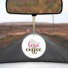 DistinctInk® Hanging Ceramic Christmas Tree Ornament with Gold String - Great Gift / Present - 2 3/4 inch Diameter - All You Need Is Love & Coffee
