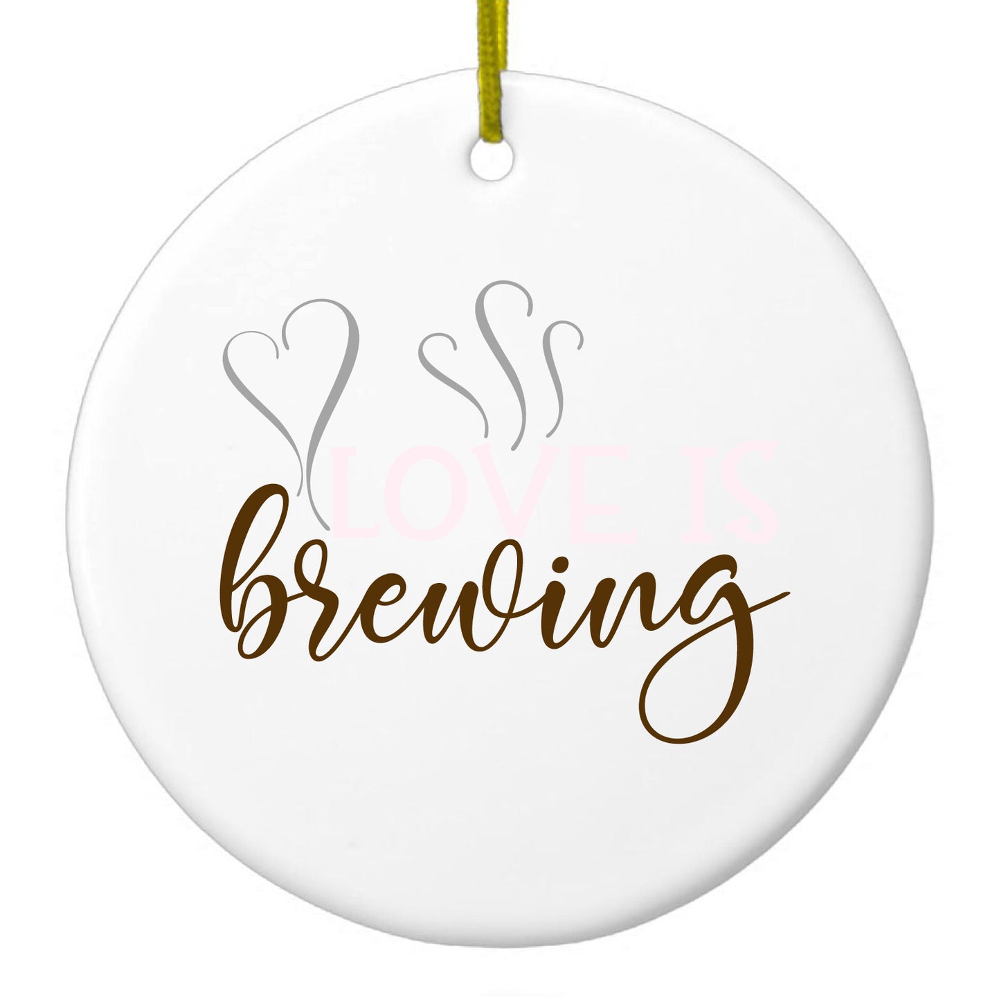 DistinctInk® Hanging Ceramic Christmas Tree Ornament with Gold String - Great Gift / Present - 2 3/4 inch Diameter - Love is Brewing - Coffee