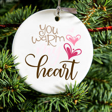 DistinctInk® Hanging Ceramic Christmas Tree Ornament with Gold String - Great Gift / Present - 2 3/4 inch Diameter - You Warm My Heart - Coffee