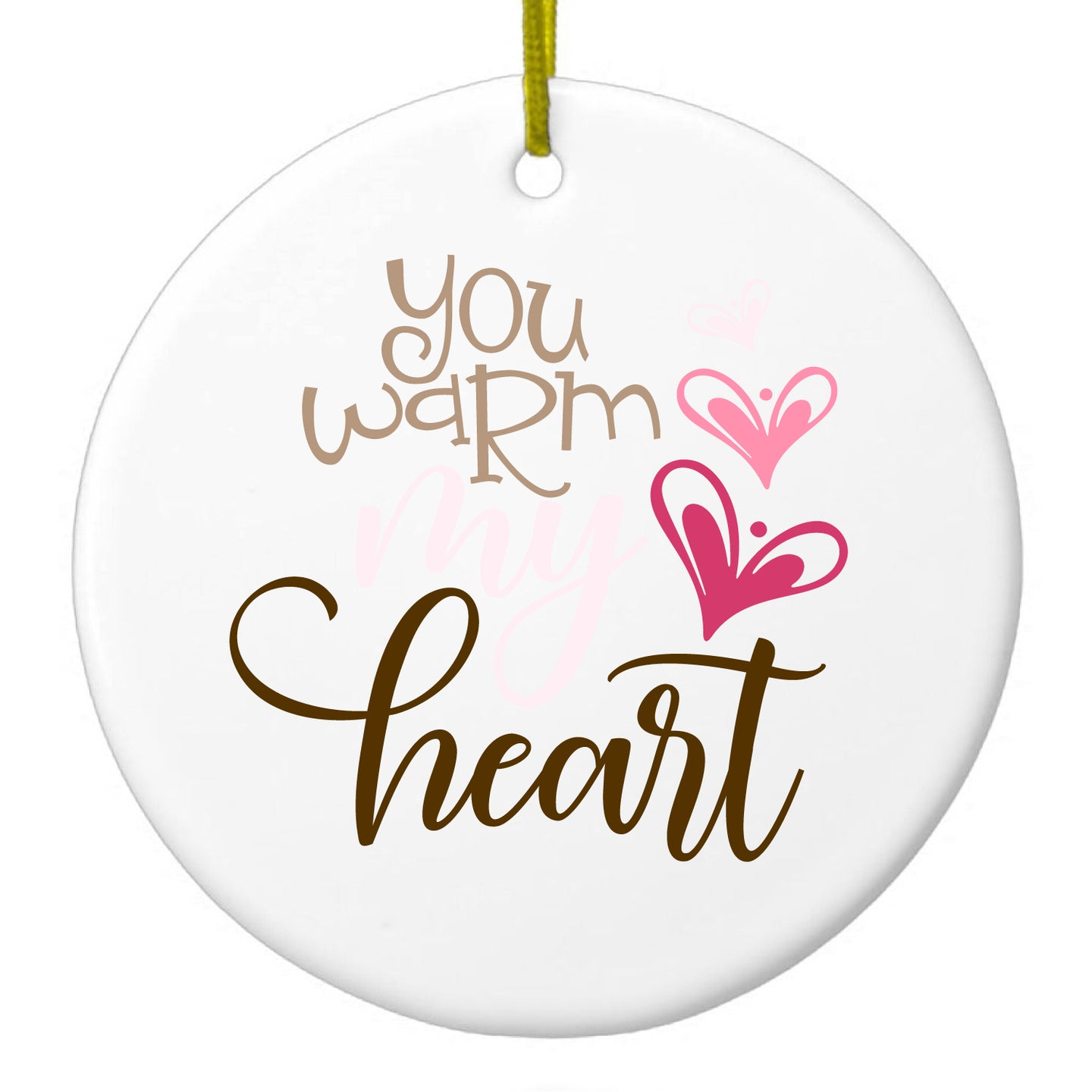 DistinctInk® Hanging Ceramic Christmas Tree Ornament with Gold String - Great Gift / Present - 2 3/4 inch Diameter - You Warm My Heart - Coffee