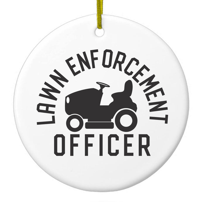 DistinctInk® Hanging Ceramic Christmas Tree Ornament with Gold String - Great Gift / Present - 2 3/4 inch Diameter - Lawn Enforcement Officer, Lawnmower