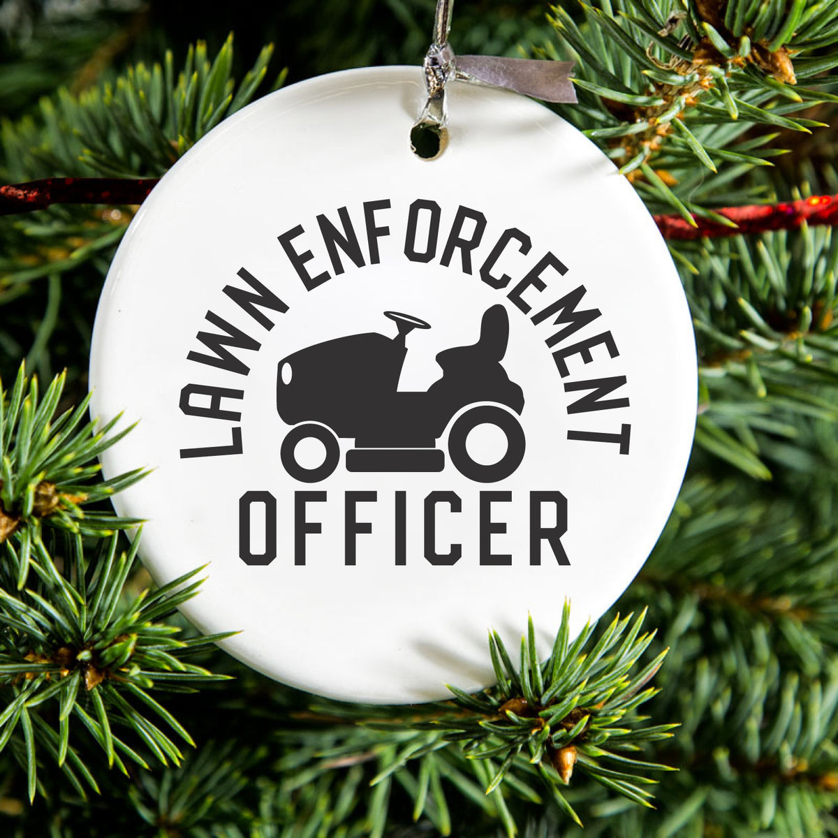 Lawn Enforcement Officer, Lawnmower Ceramic Ornament, view 2