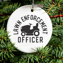DistinctInk® Hanging Ceramic Christmas Tree Ornament with Gold String - Great Gift / Present - 2 3/4 inch Diameter - Lawn Enforcement Officer, Lawnmower