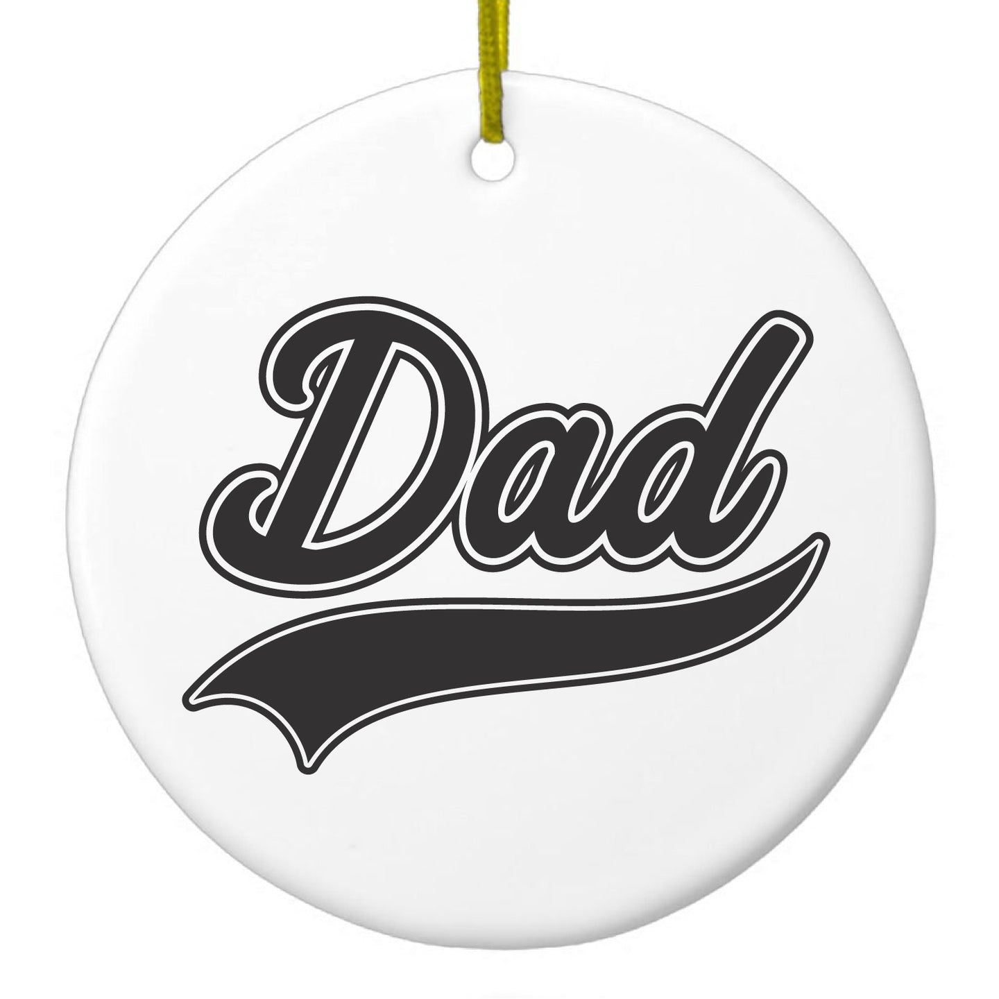 DistinctInk® Hanging Ceramic Christmas Tree Ornament with Gold String - Great Gift / Present - 2 3/4 inch Diameter - Dad Word Graphic Black