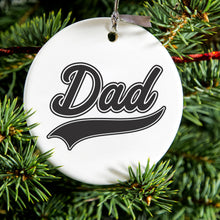 DistinctInk® Hanging Ceramic Christmas Tree Ornament with Gold String - Great Gift / Present - 2 3/4 inch Diameter - Dad Word Graphic Black