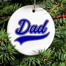 DistinctInk® Hanging Ceramic Christmas Tree Ornament with Gold String - Great Gift / Present - 2 3/4 inch Diameter - Dad Word Graphic Blue