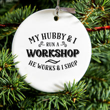 DistinctInk® Hanging Ceramic Christmas Tree Ornament with Gold String - Great Gift / Present - 2 3/4 inch Diameter - Hubby & I Run a Workshop - He Works I Shop