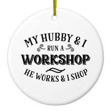 DistinctInk® Hanging Ceramic Christmas Tree Ornament with Gold String - Great Gift / Present - 2 3/4 inch Diameter - Hubby & I Run a Workshop - He Works I Shop